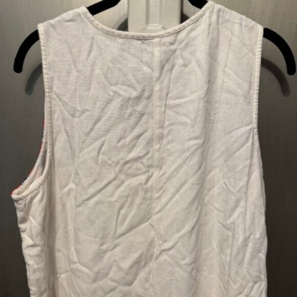 Boho Red, White & Blue Embroidery Sleeveless Linen Peasant Shift Mini dress - Picture 13 of 16